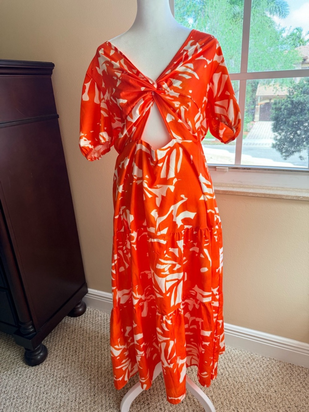 SHEIN Orange and White Twist-Front Cut Out Maxi Dress Large